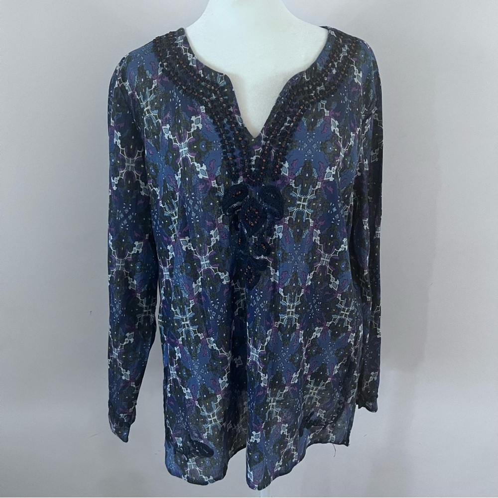 Life Style Bohochic Embroidered Beaded Metallic Printed V-neck Tunic Blouse |XL|